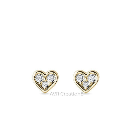 Heart Shape Three Stone Dainty Diamond Stud Earrings, 925 Sterling Silver, Daily Use Earrings, Valentine's Day Gifts, Gifts For Mom