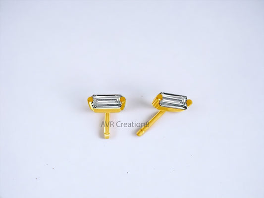 Baguette Cut Dainty Diamond Pushback Stud Earrings For Women, 14k Yellow Gold Plated, Minimalist Stud Earrings, Valentine's Gifts For Her
