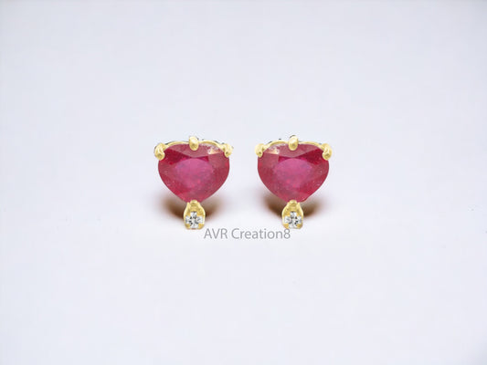 Heart Shape Red Ruby Pushback Gemstone Stud Earrings For Women, Minimalist Earrings, 14K Yellow Gold Plated Earring, Handmade Gifts For Her