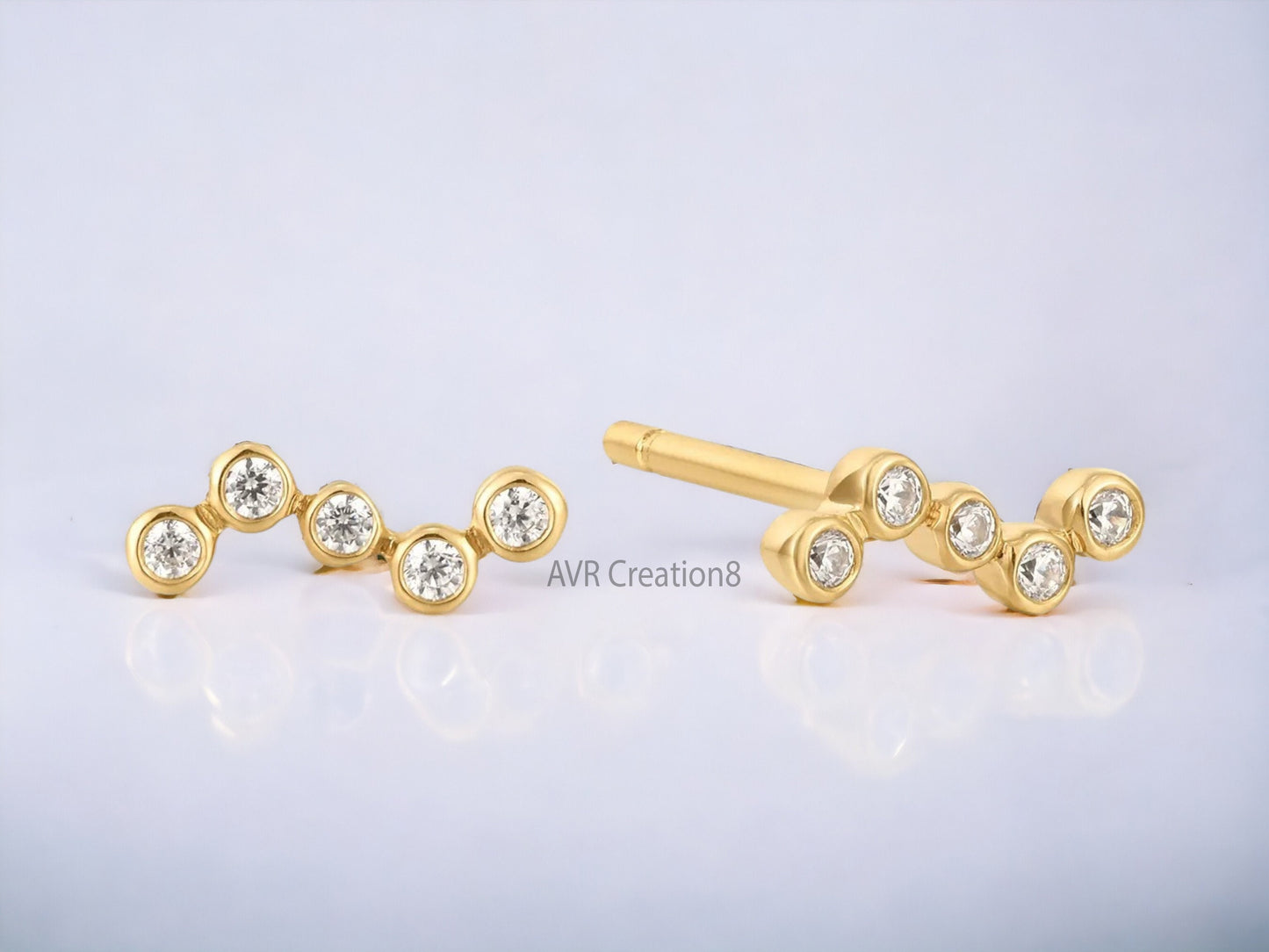 Bezel Set Five Stone Dainty Diamond Stud Earrings, Round Cut Earring, Minimalist Stud Earrings, 14K Yellow Gold Plated, Mothers Day Gifts
