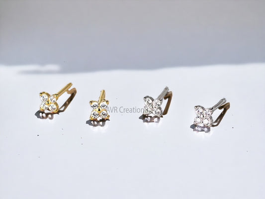 Four Stone Dainty Diamond Flower Stud Earrings For Her, Minimalist Earring, Daily Use Earrings, 14K Yellow Gold Plated, Valentine's Day Gift