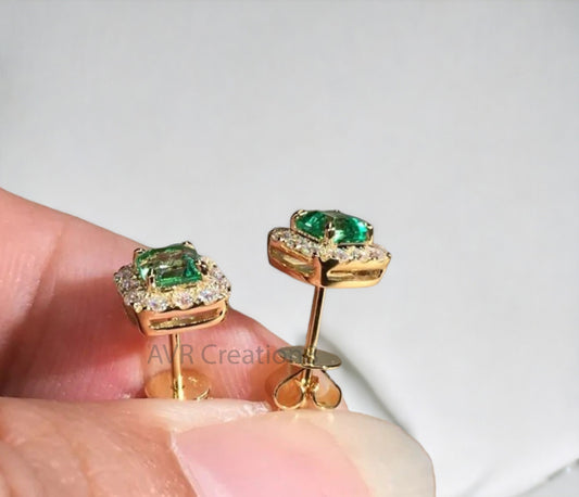 Green Emerald & Diamond Stud Earrings For Her, May Gemstone Earrings, Minimalist Stud Earring, 925 Sterling Silver, Gifts For Girlfriend
