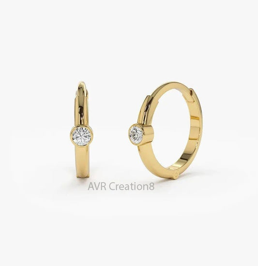 Bezel Set Diamond Hoop Earrings For Women, Minimalist Diamond Hoop Earrings, 14K Yellow Gold Plated, Anniversary Gifts, Gifts for Girlfriend