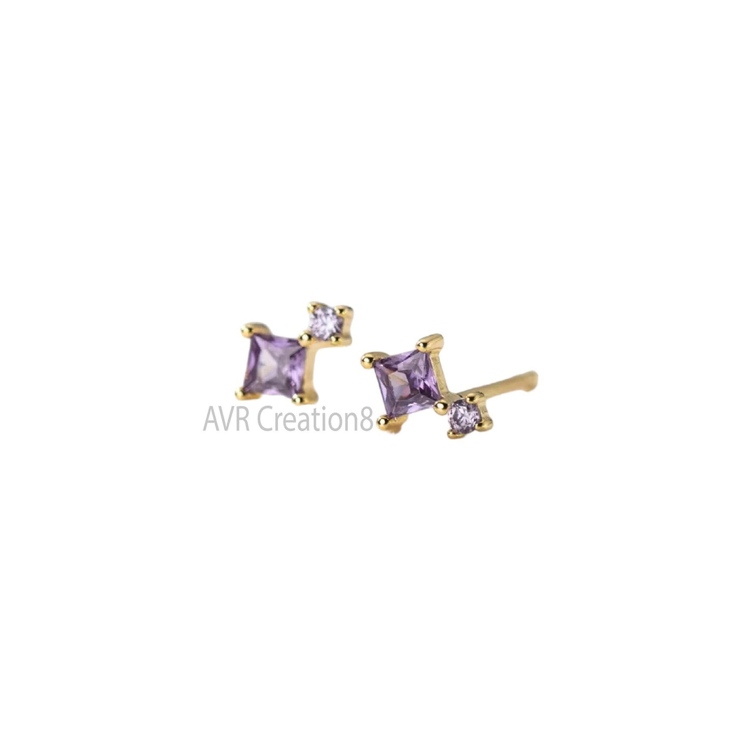 Purple Amethyst Stud Earrings For Women, Princess Cut Earrings, Gemstone Stud Earrings, 14K Yellow Gold Plated, Mothers Day Gifts, Gift