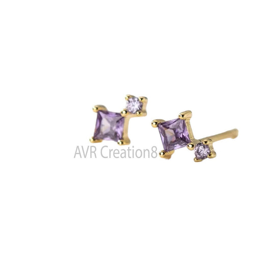 Purple Amethyst Stud Earrings For Women, Princess Cut Earrings, Gemstone Stud Earrings, 14K Yellow Gold Plated, Mothers Day Gifts, Gift