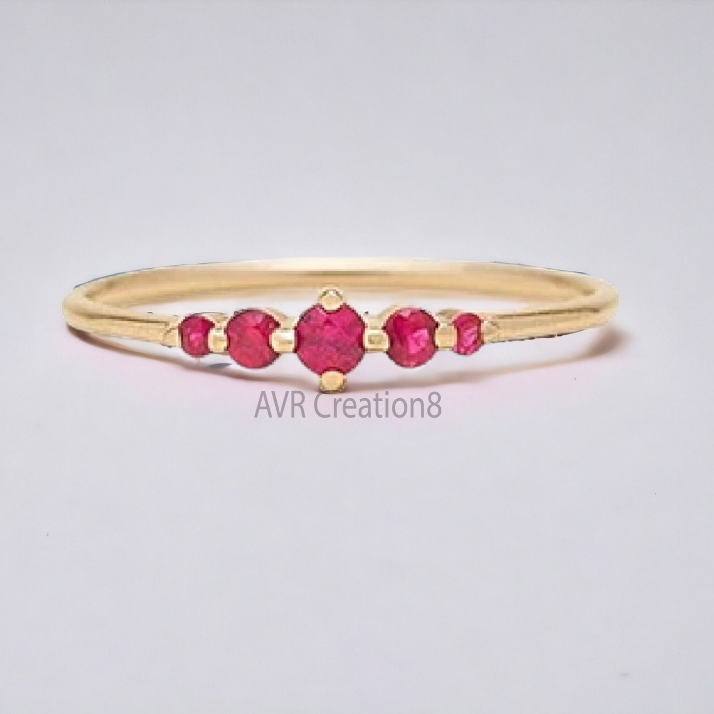 Five Stone Pink Ruby Gemstone Wedding Women's Ring, Pink Birthstone Ring, 14K Yellow Gold Plated, 925 Sterling Silver, Gifts For Girlfriend