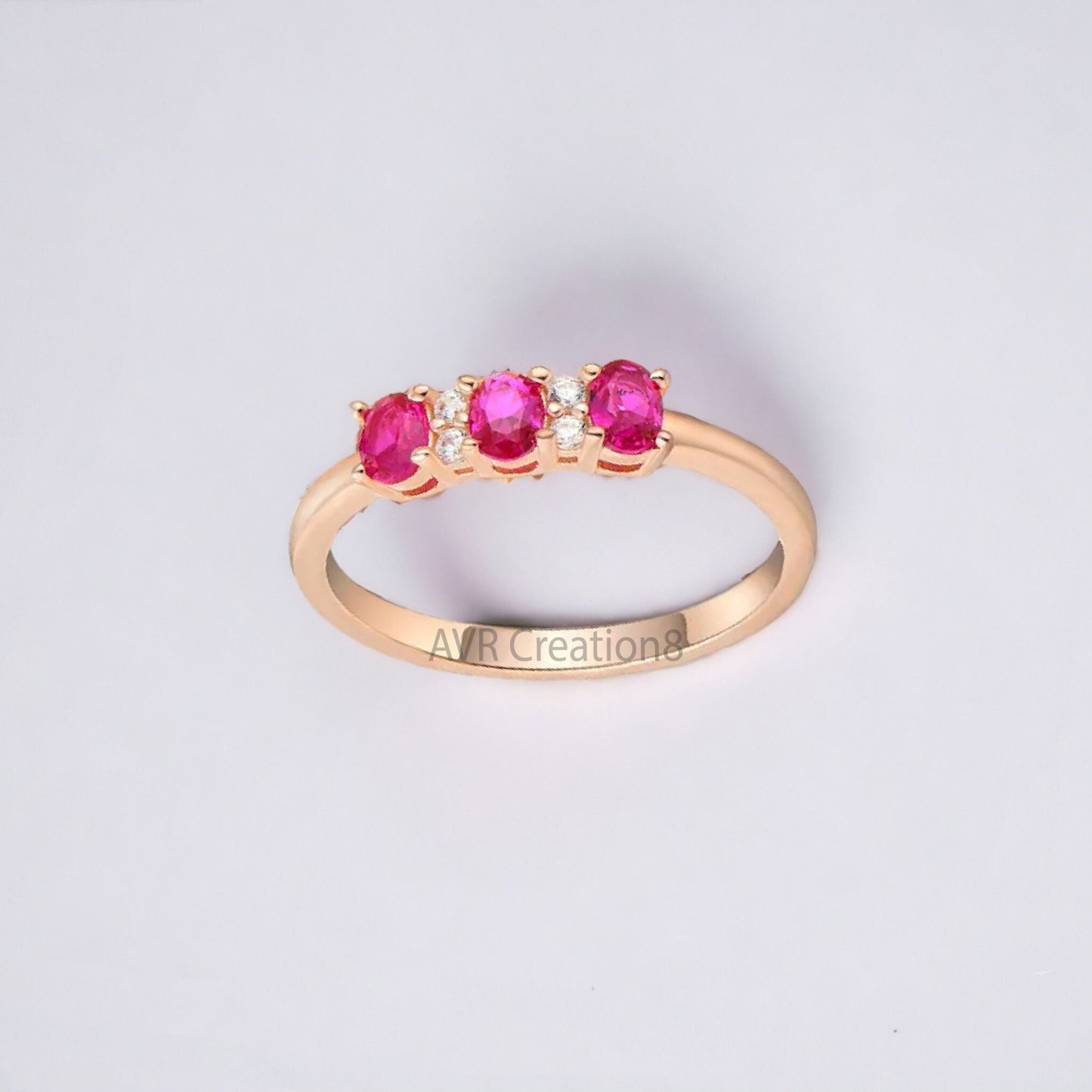 Pink Ruby & Diamond Wedding Ring For Women, Three GemStone Ring, 14K Rose Gold Plated, 925 Sterling Silver, Anniversary Gifts, Gifts For Her
