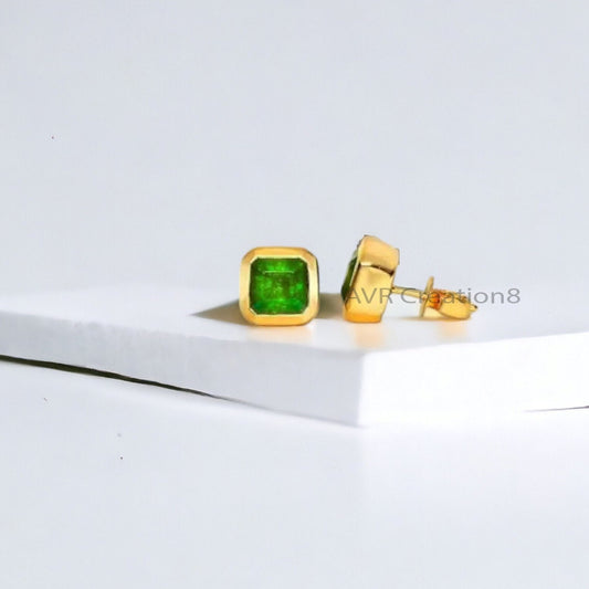 Bezel Set Green Emerald Stud Earrings For Her, May Gemstone Earrings, Minimalist Stud Earring, 925 Sterling Silver, Gifts For Girlfriend