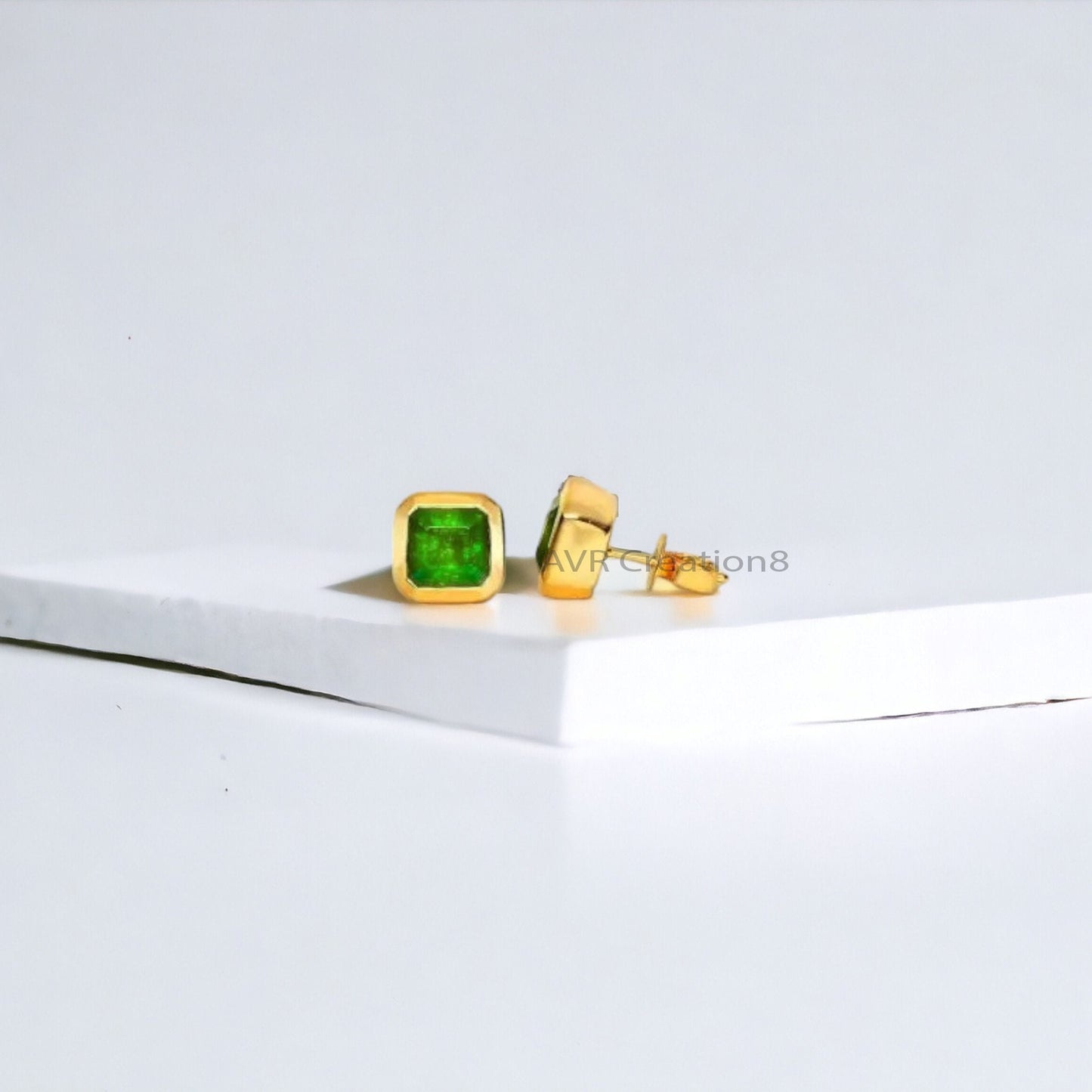 Bezel Set Green Emerald Stud Earrings For Her, May Gemstone Earrings, Minimalist Stud Earring, 925 Sterling Silver, Gifts For Girlfriend