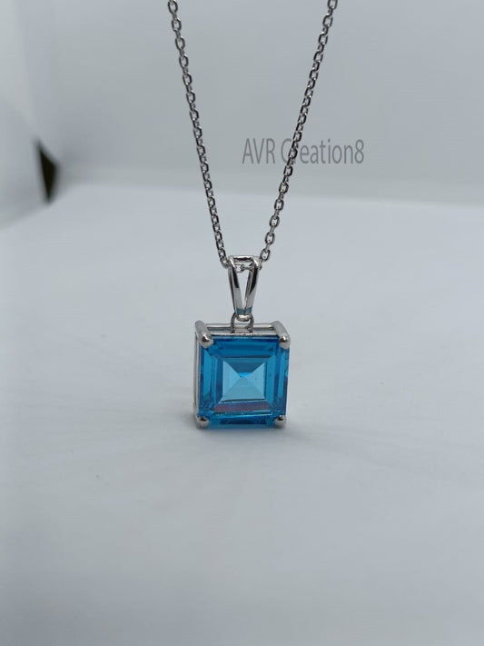 Blue Topaz Solitaire Necklace, Sterling Silver Emerald Cut Pendant, Dainty Blue Gemstone Jewelry, December Birthstone Gift, Minimalist Neck