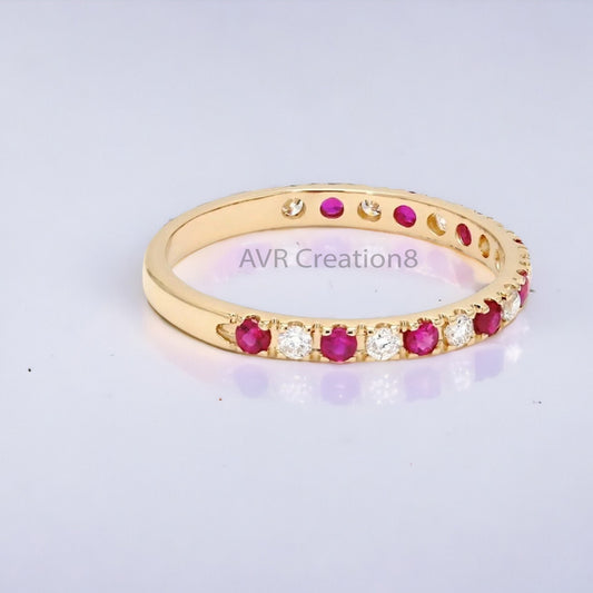 Ruby & Diamond/CZ Half Eternity Ring | Gold Stacking Band | July Birthstone Ring | Anniversary Gift For Her | Dainty Gemstone Ring