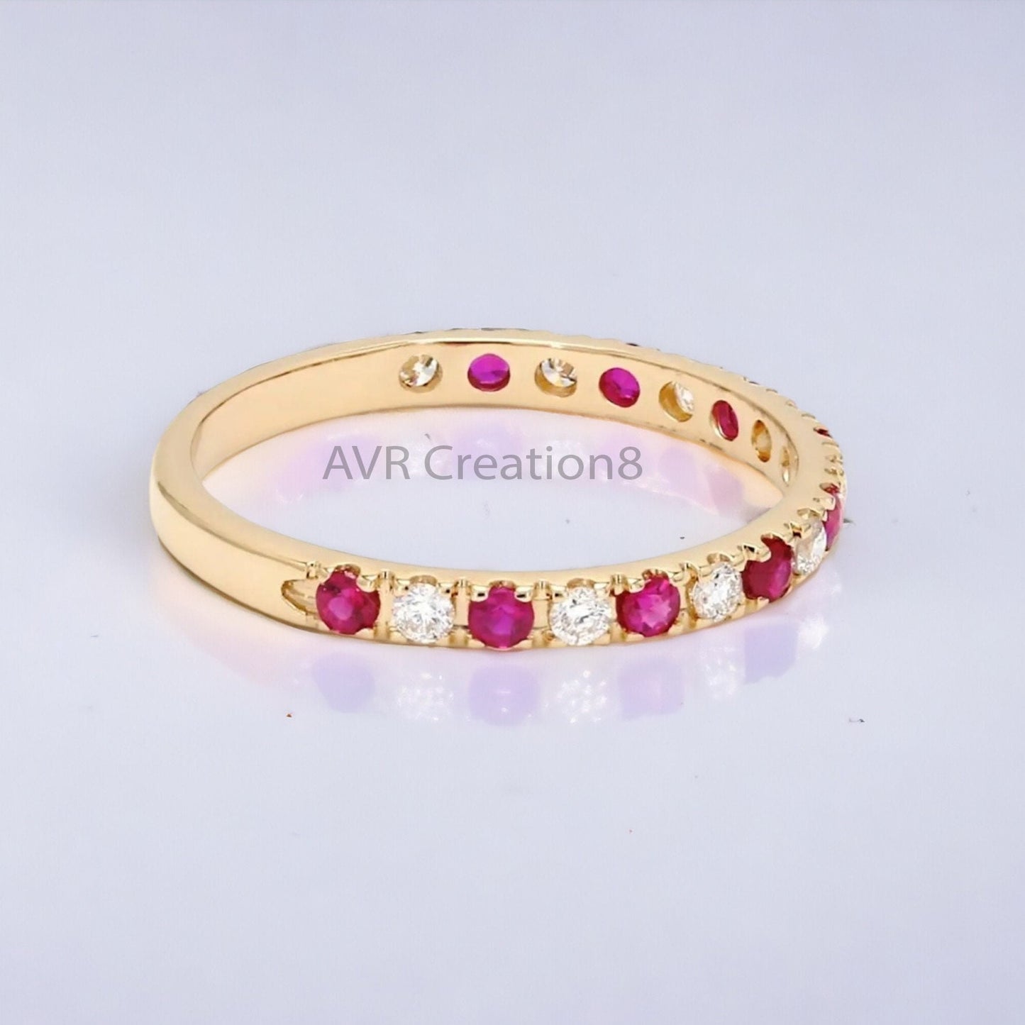 Ruby & Diamond/CZ Half Eternity Ring | Gold Stacking Band | July Birthstone Ring | Anniversary Gift For Her | Dainty Gemstone Ring