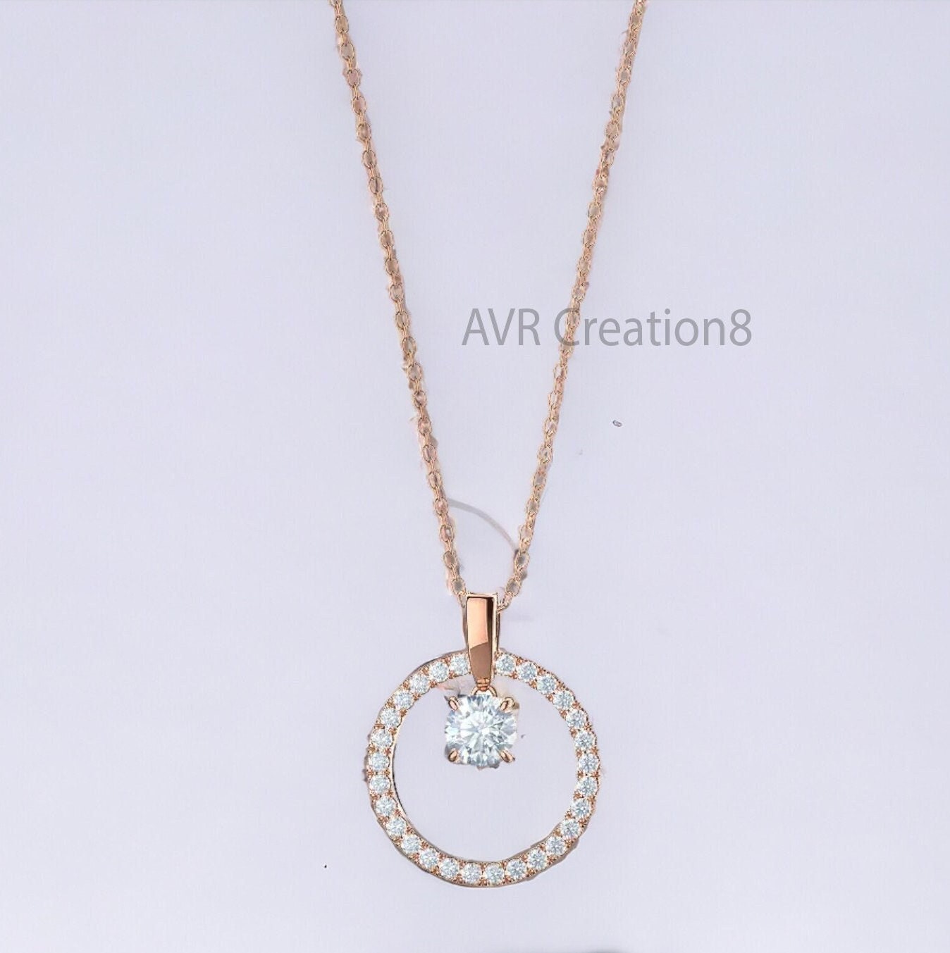 Diamond Pendant Necklace, Dainty Circle Round Necklace, Pendant For Women Daily Use Pendant, 14K Rose Gold Plated, Anniversary Gifts For Her