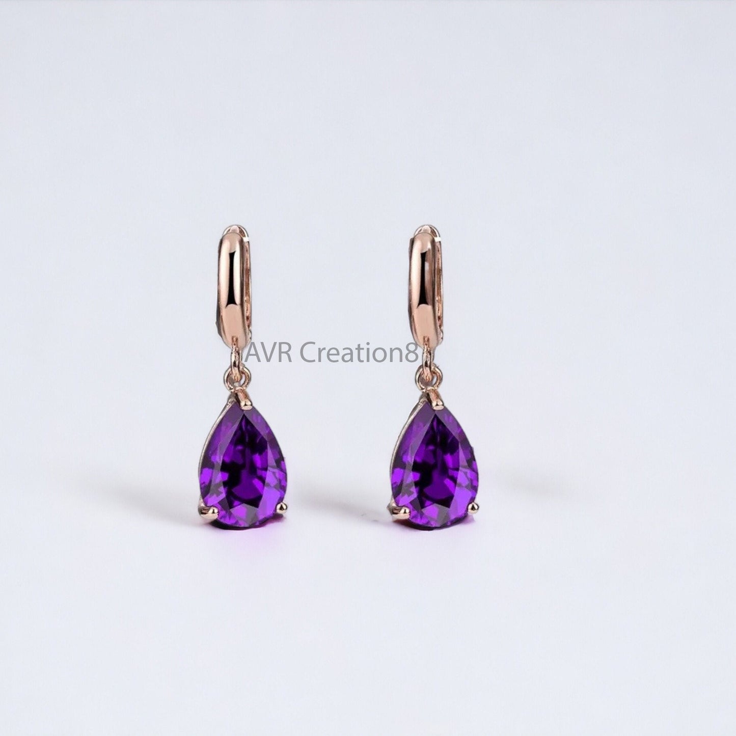 Purple Amethyst Pear Cut Drop Dangle Earrings For Her, 14K Rose Gold Plated Earrings, Purple Gemstone Earrings, Handmade Solitaire Earrings
