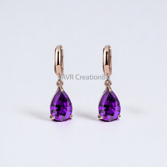 Purple Amethyst Pear Cut Drop Dangle Earrings For Her, 14K Rose Gold Plated Earrings, Purple Gemstone Earrings, Handmade Solitaire Earrings
