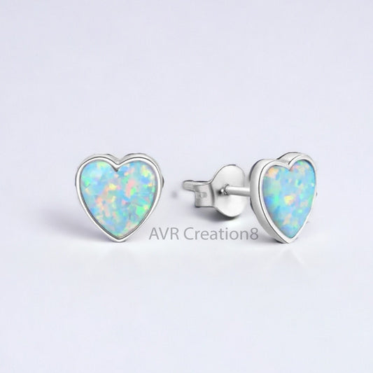 Small Heart Shape Opal Stud Earrings For Her, White Opal Earrings, Daily Use Stud Earring, 925 Sterling Silver, Perfect for Everyday Wear