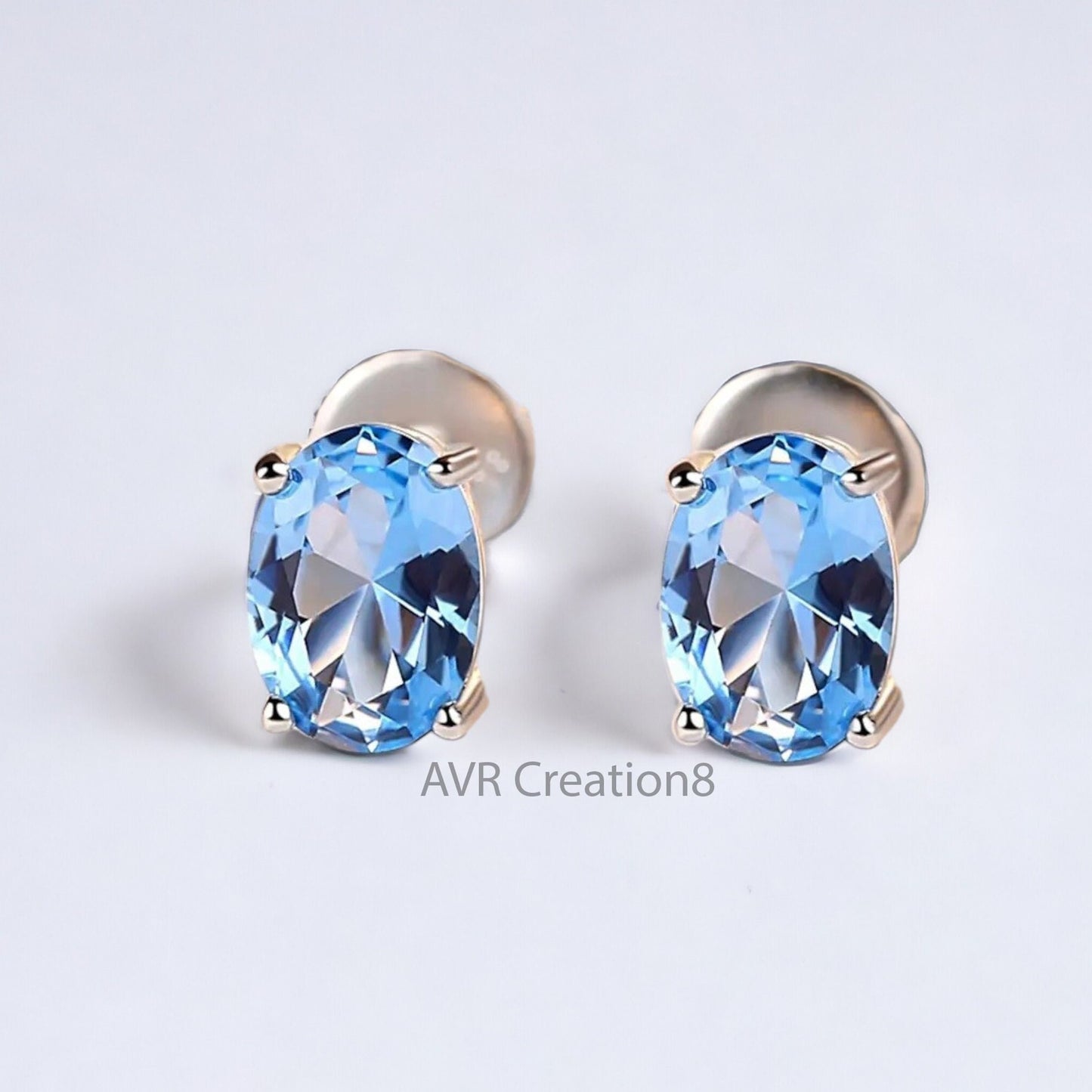 Blue Topaz Oval Cut Gemstone Stud Earrings For Her, Blue Birthstone Earring, Minimalist Earrings, 925 Sterling Silver, Gifts For Girlfriend