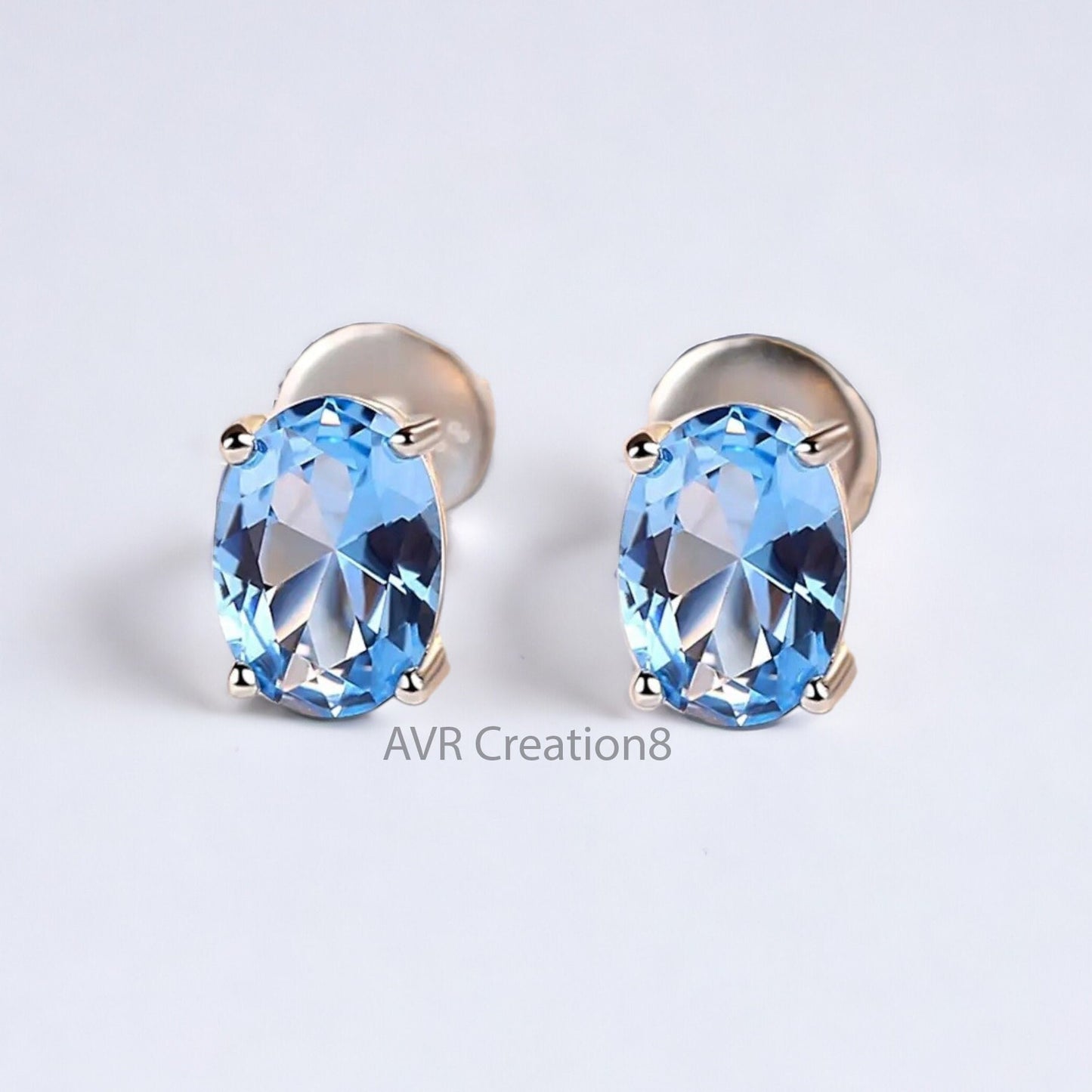Blue Topaz Oval Cut Gemstone Stud Earrings For Her, Blue Birthstone Earring, Minimalist Earrings, 925 Sterling Silver, Gifts For Girlfriend