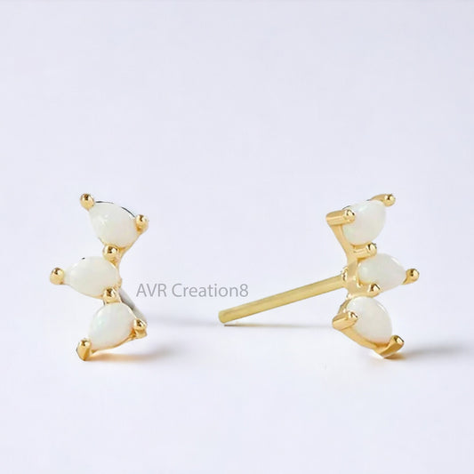 Pear Cut Three Opal Diamond Stud Earrings For Women, Daily Use Stud Earring, Minimalist Earrings, 925 Sterling Silver, Gifts For Girlfriend