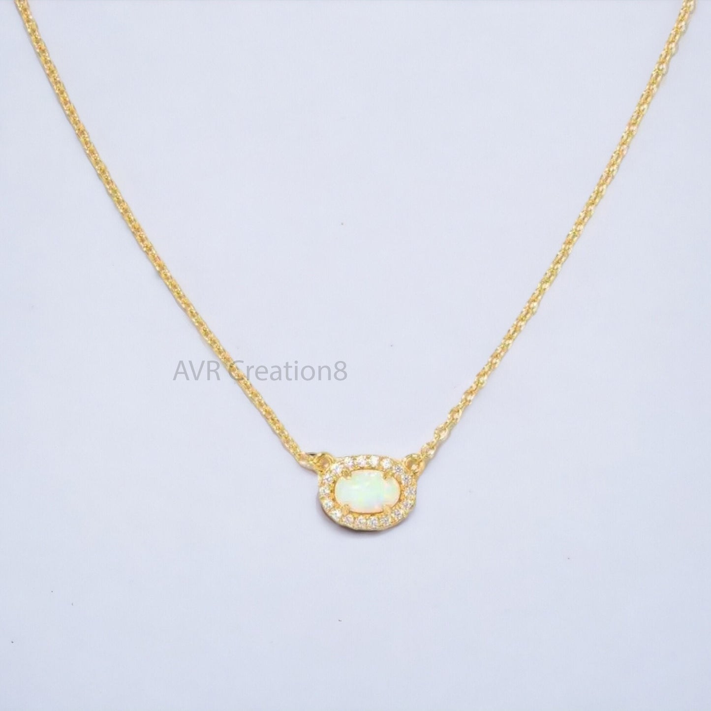 Oval Cut Opal Gemstone Necklace Pendant, Diamond Wedding Necklace, October Birthstone Necklace, 14K Yellow Gold Plated, Mothers Day Sale