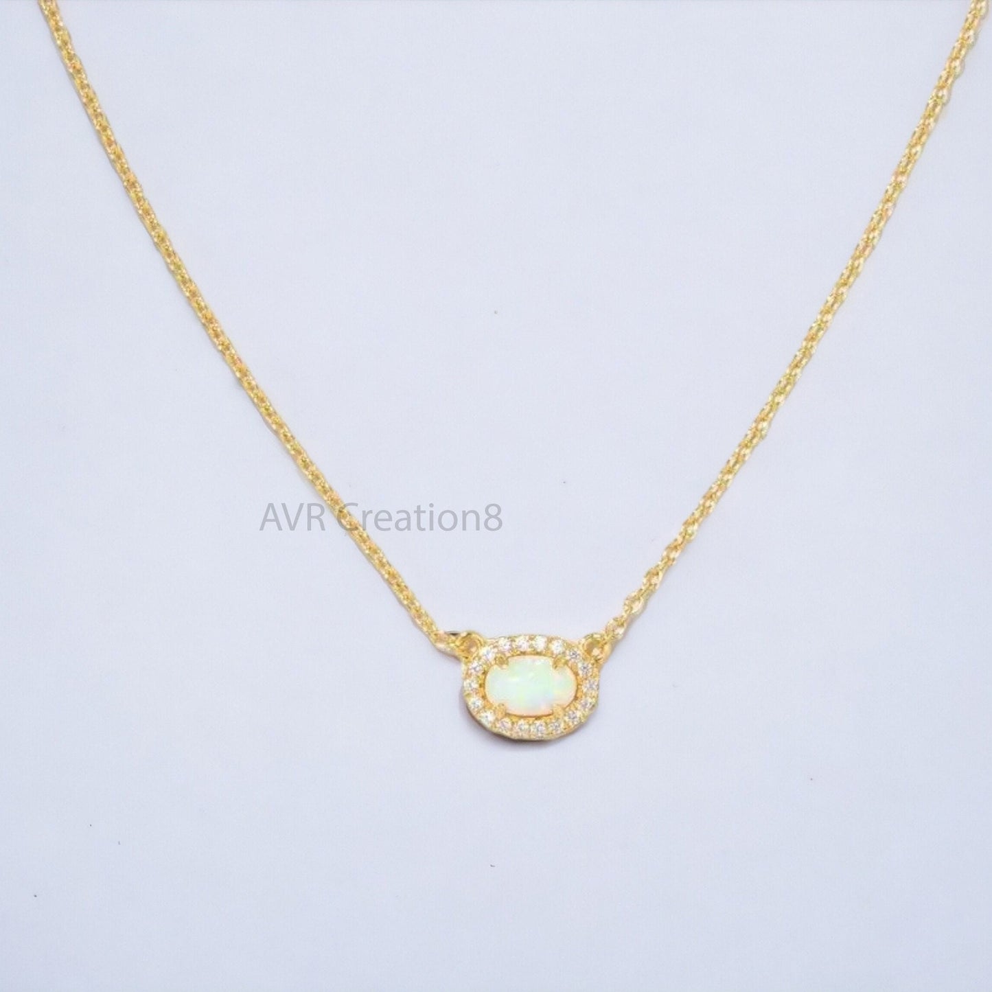 Oval Cut Opal Gemstone Necklace Pendant, Diamond Wedding Necklace, October Birthstone Necklace, 14K Yellow Gold Plated, Mothers Day Sale