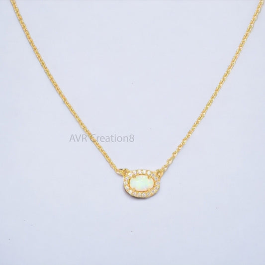 Oval Cut Opal Gemstone Necklace Pendant, Diamond Wedding Necklace, October Birthstone Necklace, 14K Yellow Gold Plated, Mothers Day Sale