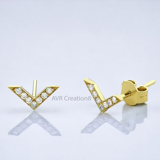 Moissanite "V" Shape Stud Earrings For Women | Minimalist Daily Stud Earrings | 14K Yellow Gold Plated | Half/Full Pair Stud for Her