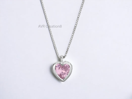 Pink Heart Necklace, Pink Sapphire Bezel Set Heart Gemstone Necklace Pendant for Women, Birthstone Necklace, 925 Silver Pendant for Mom