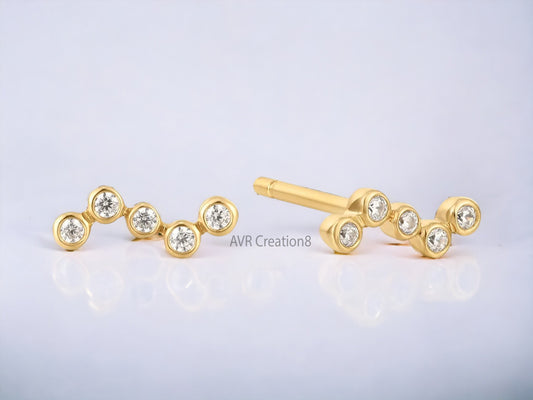 Bezel Set Five Stone Dainty Diamond Stud Earrings, Round Cut Earring, Minimalist Stud Earrings, 14K Yellow Gold Plated, Mothers Day Gifts