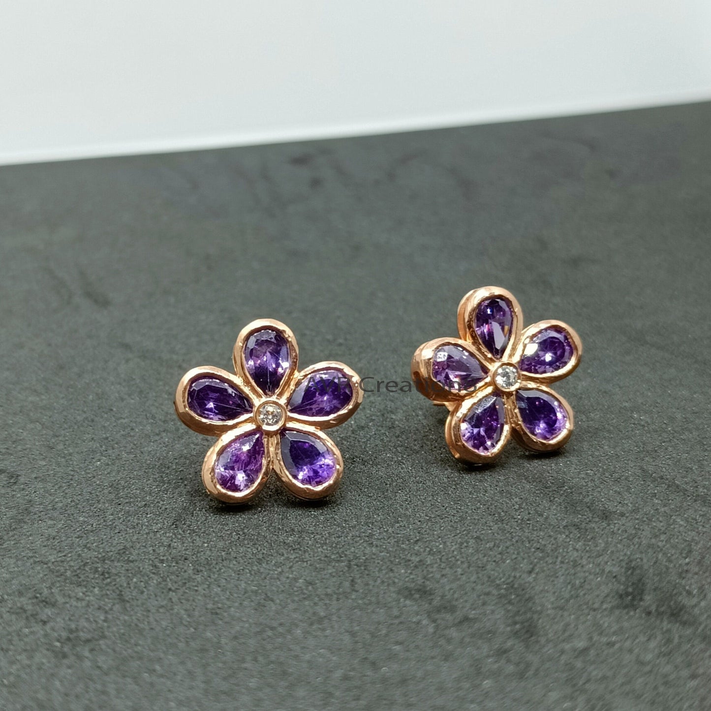 Purple Amethyst Flower Stud Earrings | Flower Shape Stud | 925 Sterling Silver | Pushback Earrings | Minimalist Earrings | Anniversary Gifts