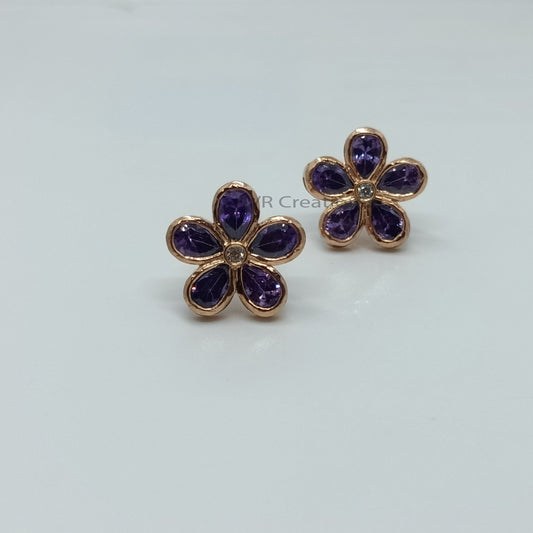 Purple Amethyst Flower Stud Earrings | Flower Shape Stud | 925 Sterling Silver | Pushback Earrings | Minimalist Earrings | Anniversary Gifts