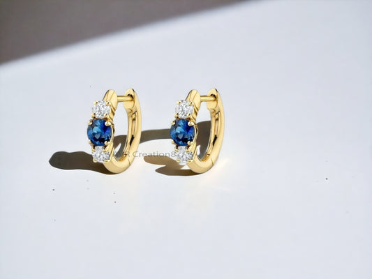 Sapphire Huggie Hoops, Dainty Diamond Hoop Earrings, Blue Gemstone Earrings, September Birthstone Gift, Everyday Hoops for Her, Unique Hoop