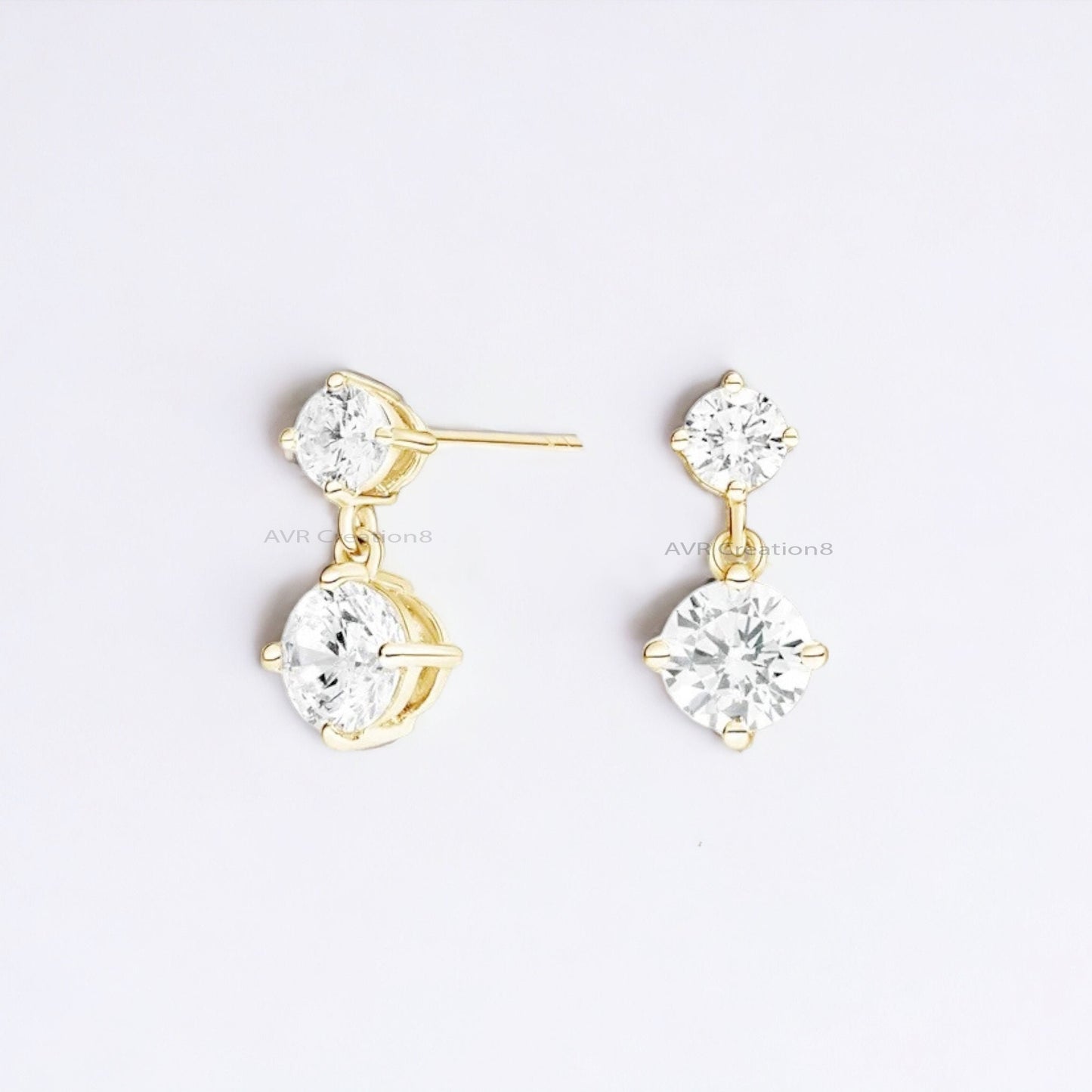 Two Stone Dainty Diamond Stud Earrings For Women, Daily Use Stud Earring, Minimalist Earrings, 14K Yellow Gold Plated, Gifts For Girlfriend