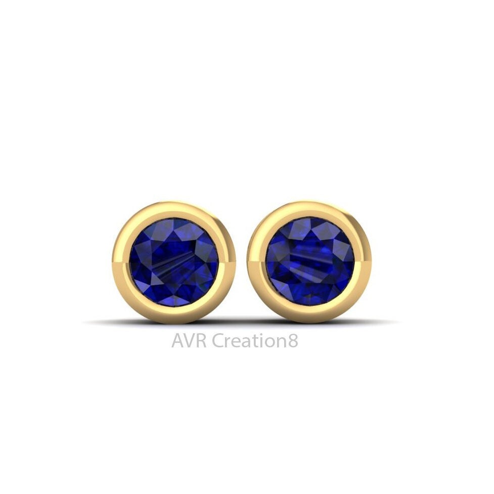 Blue Sapphire Bezel Set Dainty Gemstone Earrings, Everyday Wear Stud Earrings, 925 Sterling Silver, Anniversary Gifts, Gift For Her