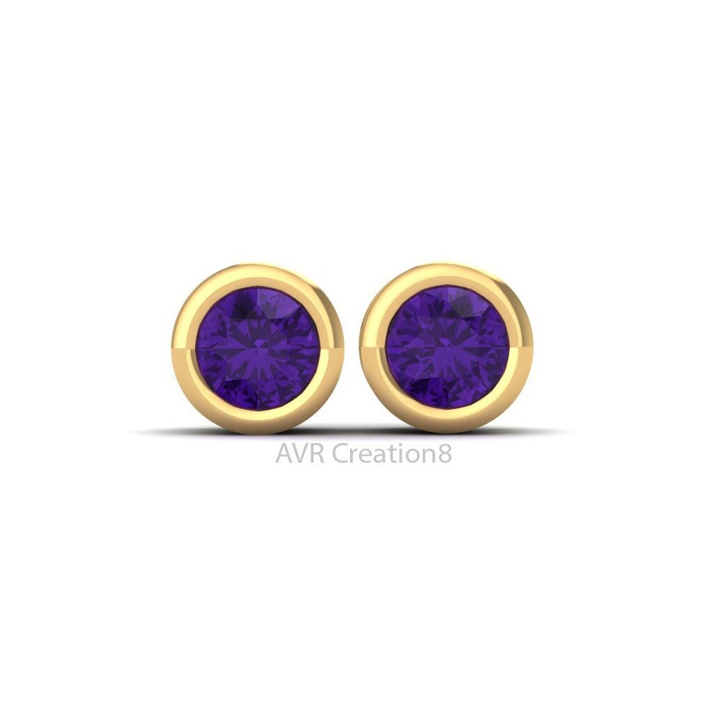 Amethyst Stud Earrings, Mini Bezel Set Earrings, 14k Yellow Gold Plated, February Birthstone Earrings, Birthday Gifts, Gifts For Her