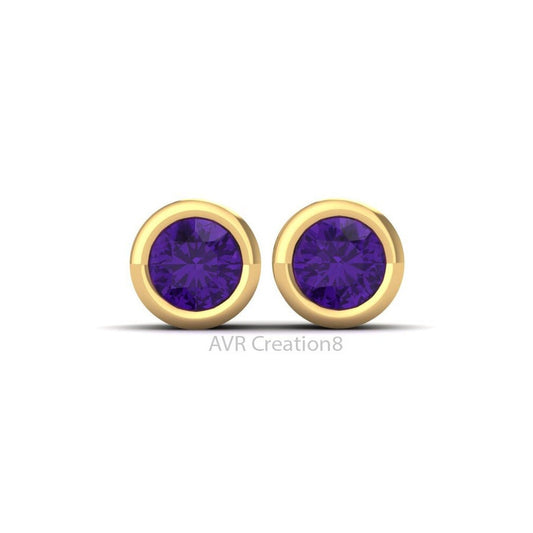 Amethyst Stud Earrings, Mini Bezel Set Earrings, 14k Yellow Gold Plated, February Birthstone Earrings, Birthday Gifts, Gifts For Her