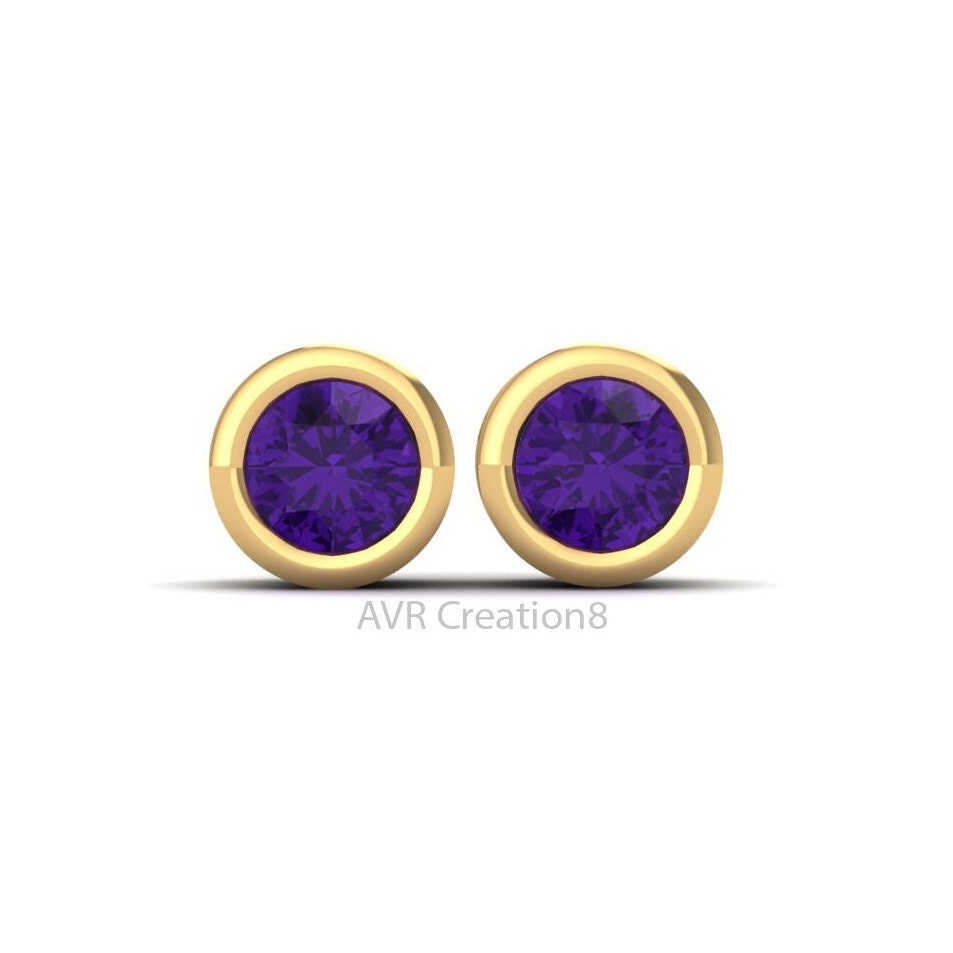 Amethyst Stud Earrings, Mini Bezel Set Earrings, 14k Yellow Gold Plated, February Birthstone Earrings, Birthday Gifts, Gifts For Her