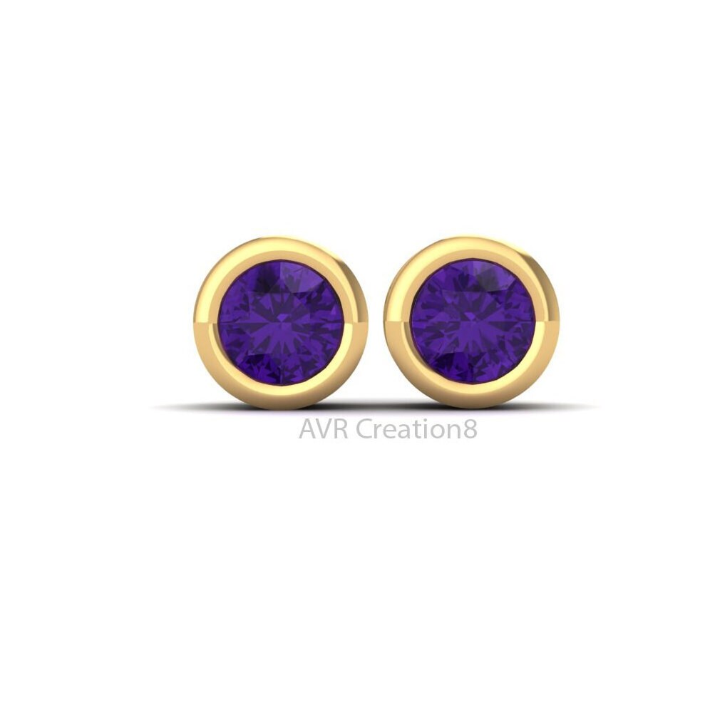 Amethyst Stud Earrings, Mini Bezel Set Earrings, 14k Yellow Gold Plated, February Birthstone Earrings, Birthday Gifts, Gifts For Her