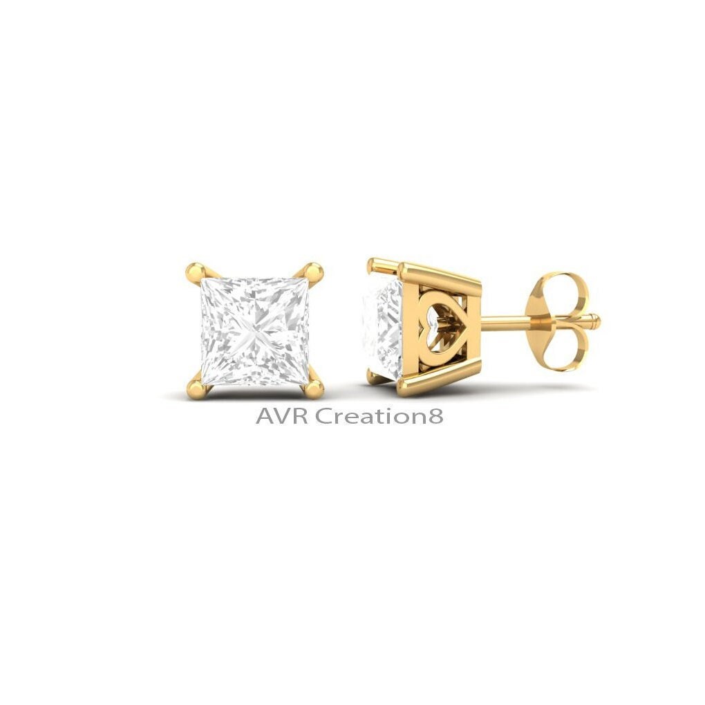 Diamond Stud Earrings, Square Diamond Earrings, Princess Cut Solitaire Earrings, 925 Sterling Silver | Gifts For Girlfriend, Birthday Gift