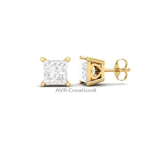 Diamond Stud Earrings, Square Diamond Earrings, Princess Cut Solitaire Earrings, 925 Sterling Silver | Gifts For Girlfriend, Birthday Gift