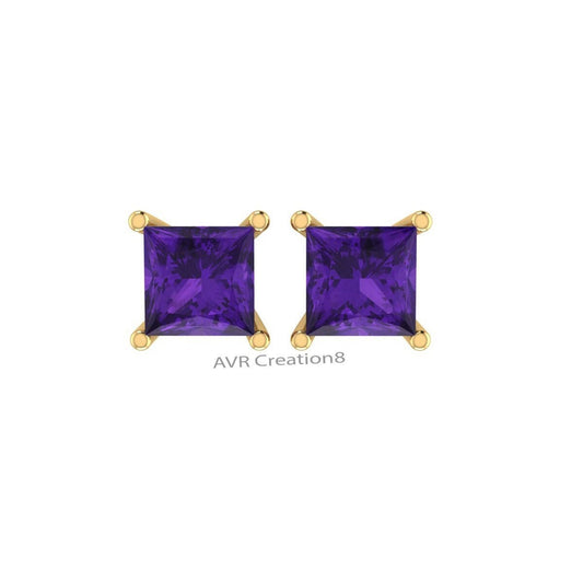 Amethyst Stud Earrings, Princess Cut Earrings, February Birthstone Earrings, 14k Yellow Gold Plated, Anniversary Gifts, Gifts For Her