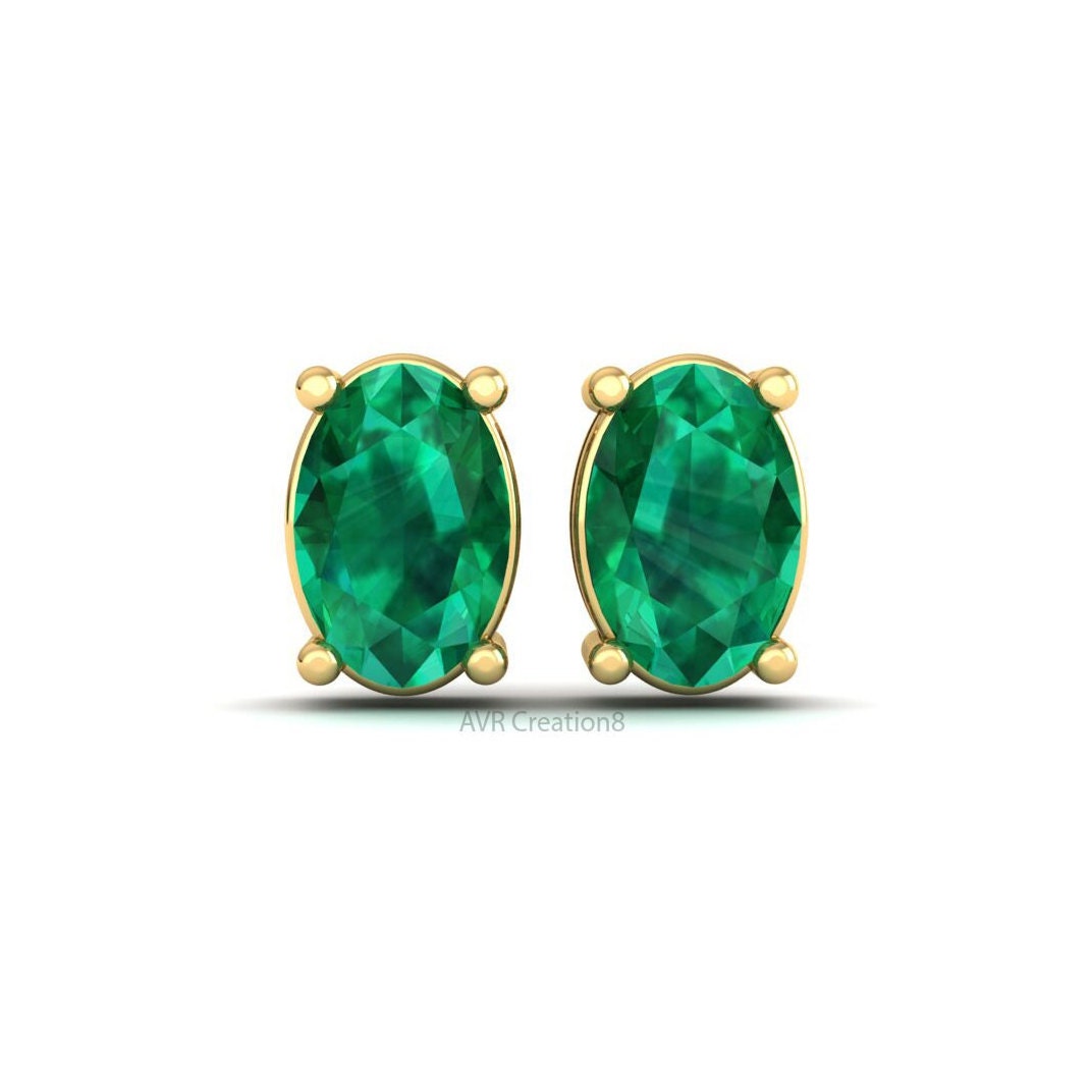 Minimalist Green Emerald Stud Earrings, Oval Cut Earrings, May Gemstone Earrings, 925 Sterling Silver, Anniversary Gifts, Gift For Her