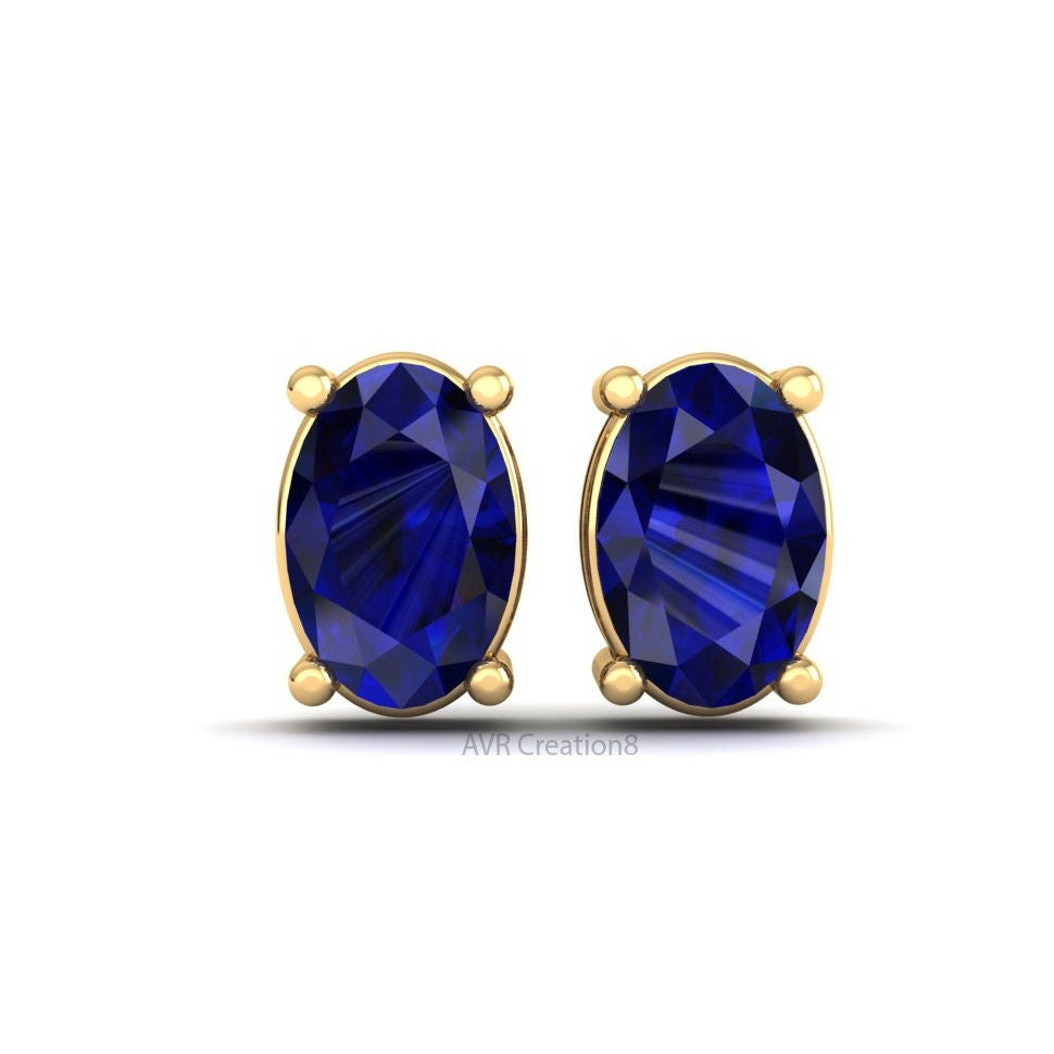 Oval Cut Blue Sapphire Stud Earrings, Gemstone Stud Earrings, Oval Cut Blue Sapphire Women Earrings, 925 Sterling Silver, Anniversary Gift