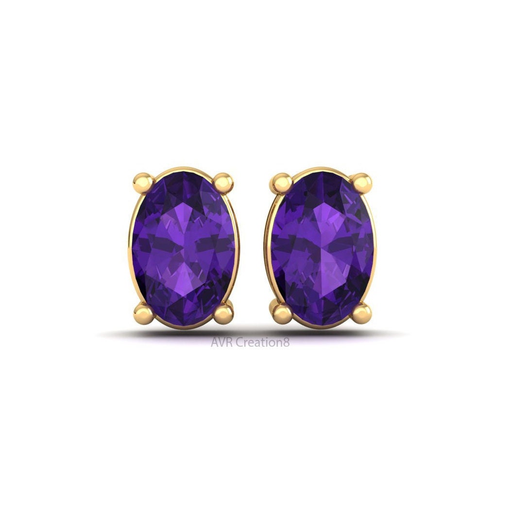 Oval Amethyst Stud Earrings | Minimalist Purple Gemstone Studs | February Birthstone Jewelry | Everyday Oval Earrings | Anniversary Gift