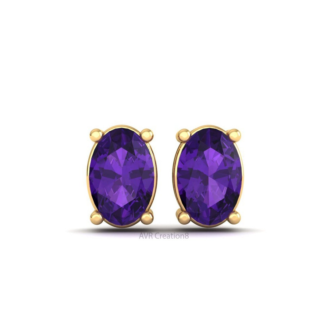 Oval Amethyst Stud Earrings | Minimalist Purple Gemstone Studs | February Birthstone Jewelry | Everyday Oval Earrings | Anniversary Gift