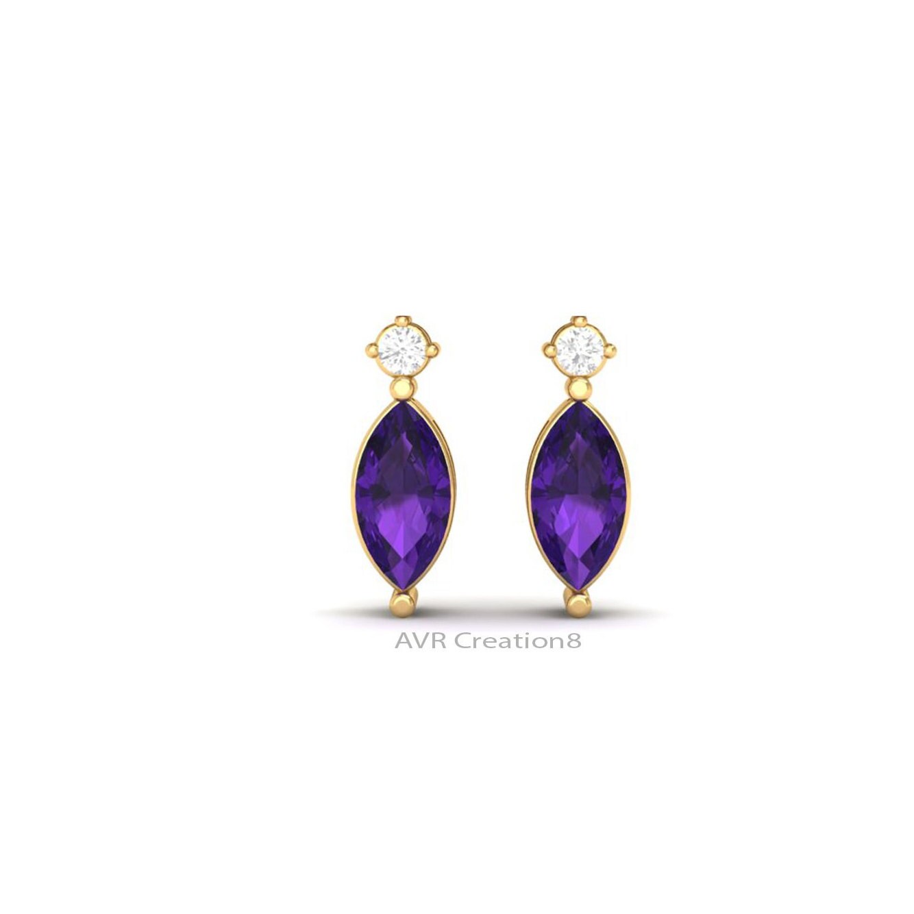 Amethyst & Diamond Stud Earrings, February Birthstone Earrings, Handmade Earrings, 14k Yellow Gold Plated, Earrings For Women, Gifts For Her