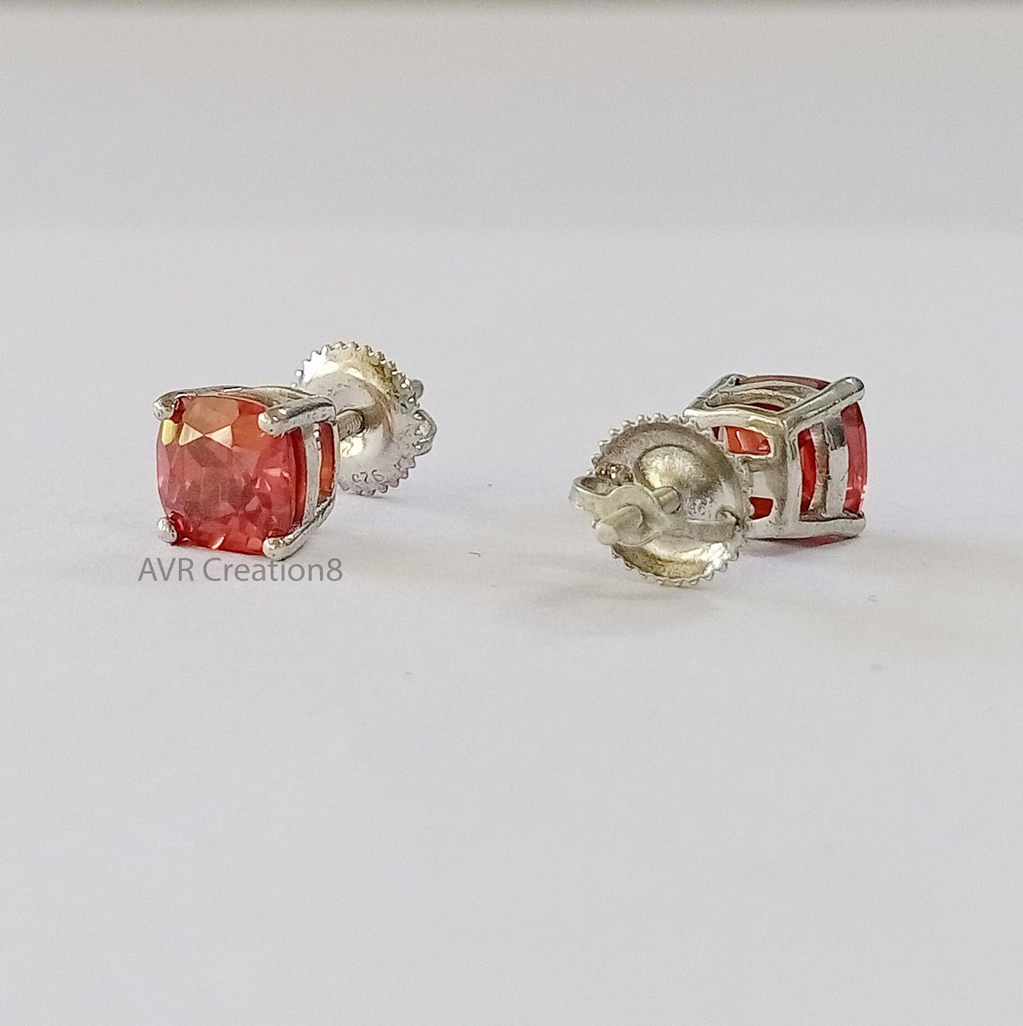 Square Red Ruby Stud Earrings, Cushion Cut Gemstone Earrings, 14K White Gold Plated, Four Prong Set Stud Earrings, Anniversary Gifts For Her