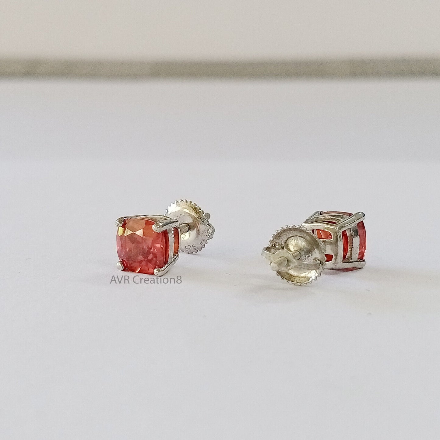 Square Red Ruby Stud Earrings, Cushion Cut Gemstone Earrings, 14K White Gold Plated, Four Prong Set Stud Earrings, Anniversary Gifts For Her
