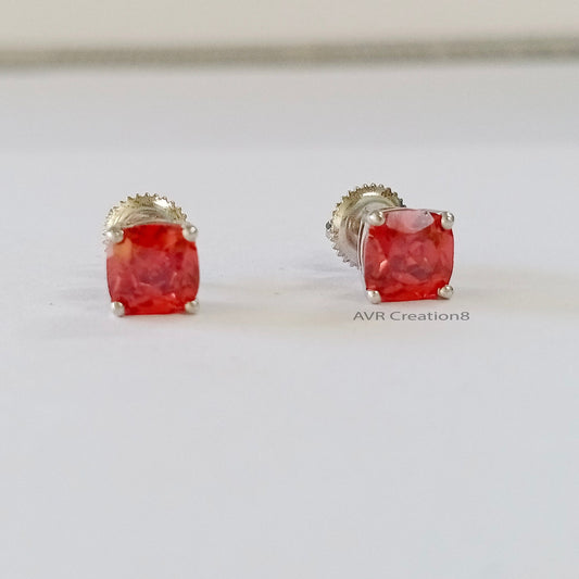 Square Red Ruby Stud Earrings, Cushion Cut Gemstone Earrings, 14K White Gold Plated, Four Prong Set Stud Earrings, Anniversary Gifts For Her