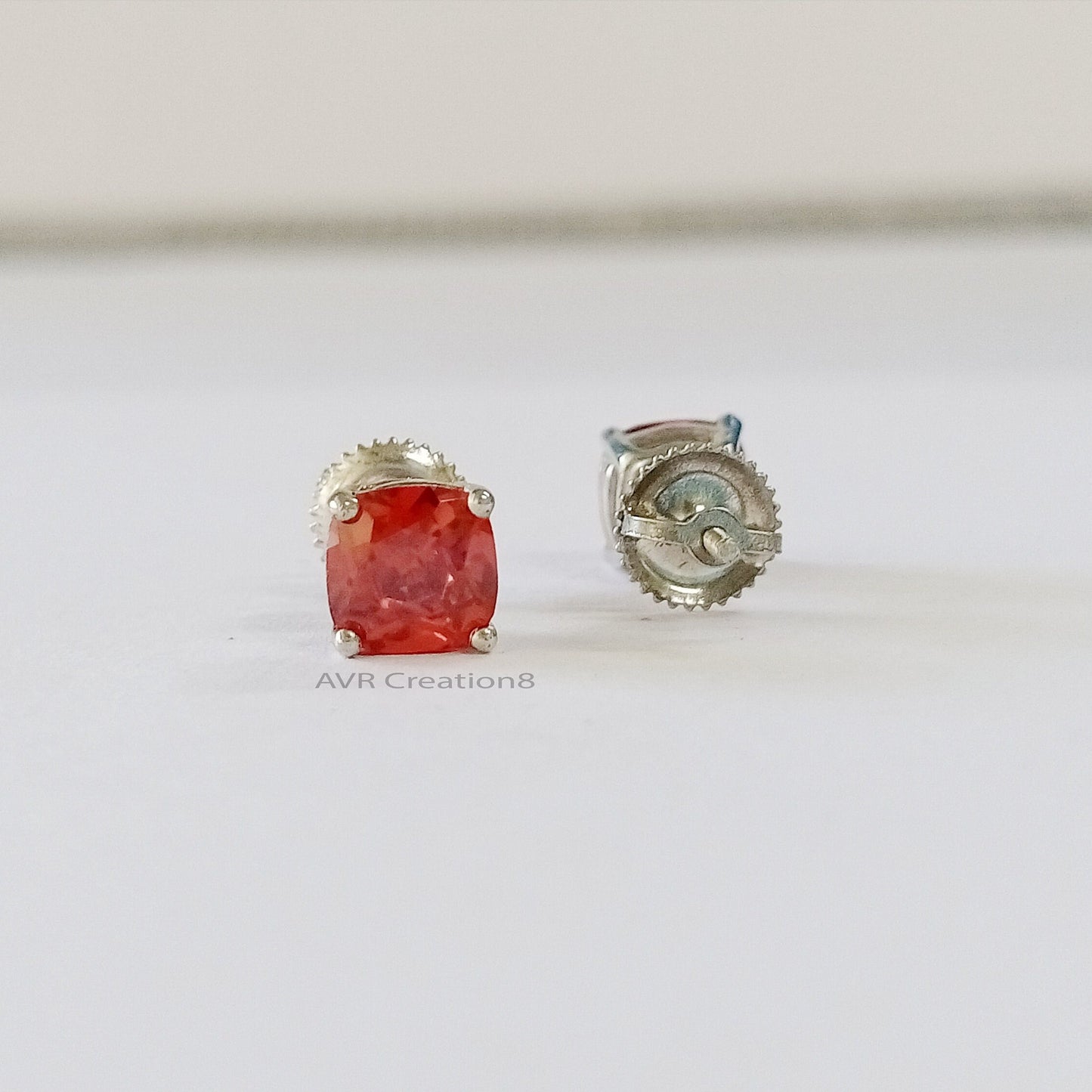 Square Red Ruby Stud Earrings, Cushion Cut Gemstone Earrings, 14K White Gold Plated, Four Prong Set Stud Earrings, Anniversary Gifts For Her